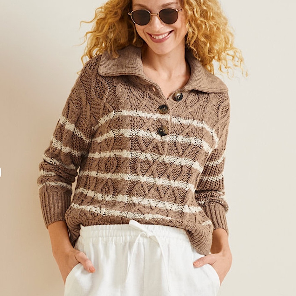 Garnet Hill Linen & Organic-Cotton Button-Detail Cable Knit Striped Sweater M